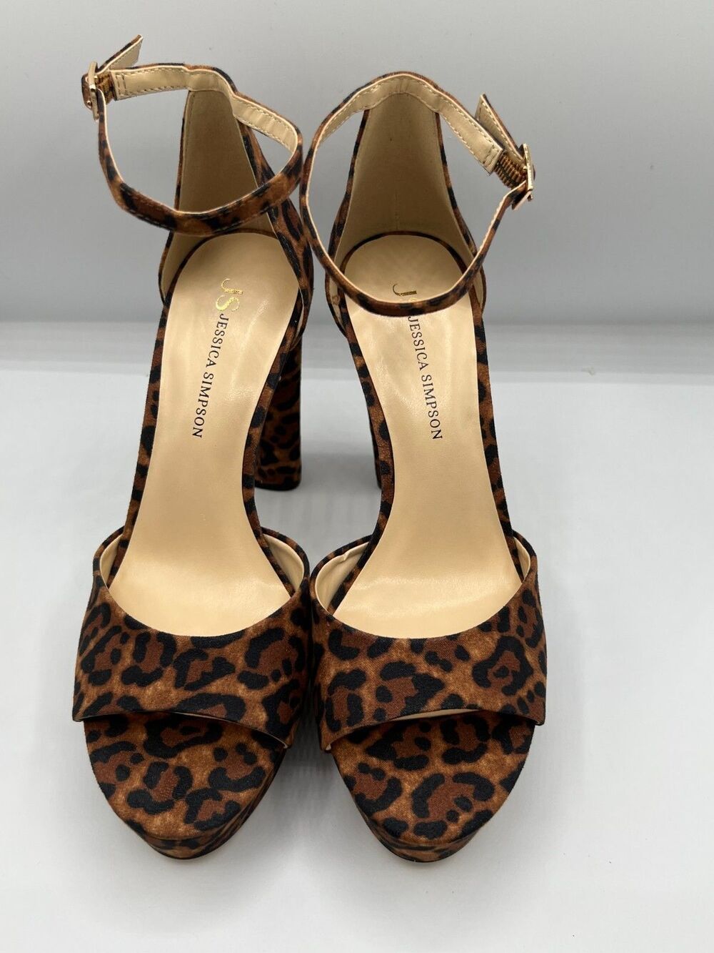 Jessica Simpson Leopard Print Platform Heels Ankle Strap Peep Toe Womens